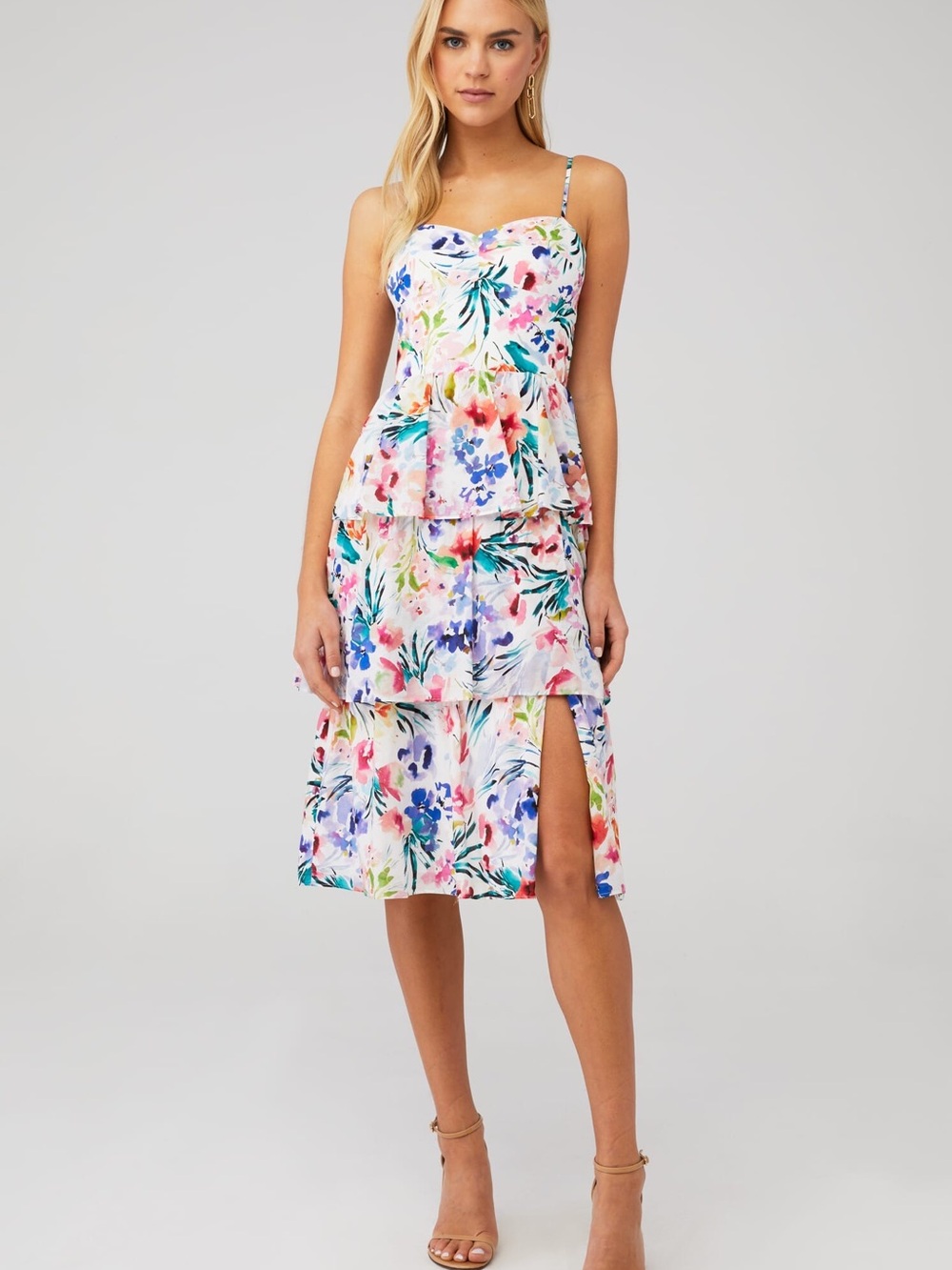 Amanda Uprichard White Floral Tiered Midi Dress with Multicolor Blooms